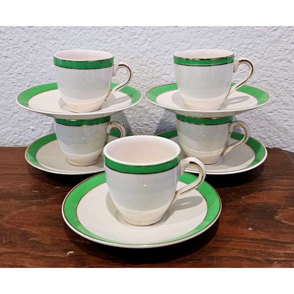 Alfred Meakin England Miniature Espresso Tea Cup Saucer Set 5 Green Gold Trim